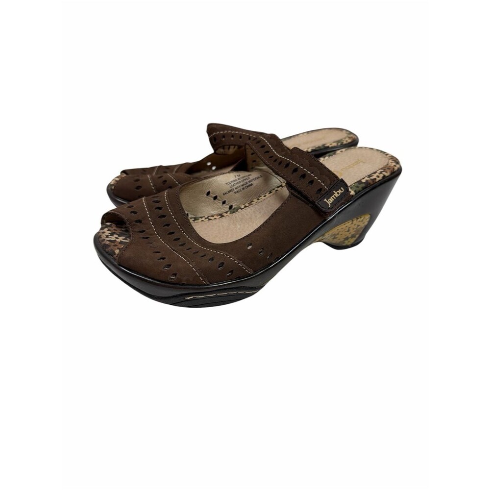 Jambu Touring Leather Wedge Sandals Size 7M Brown Comfort Peep Toe Sport Wedge